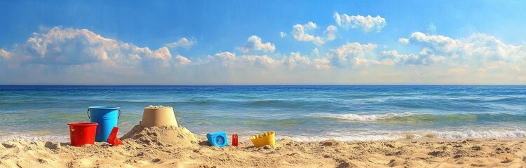 Obraz premium Colorful plastic buckets and toys beside a sandcastle on a sunny beach with gentle waves and a blue sky dotted with fluffy clouds