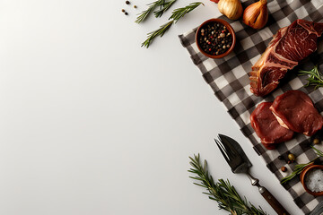 summer bbq design, invitation template for bbq with icons of meat, fire, and checkered tablecloth pattern