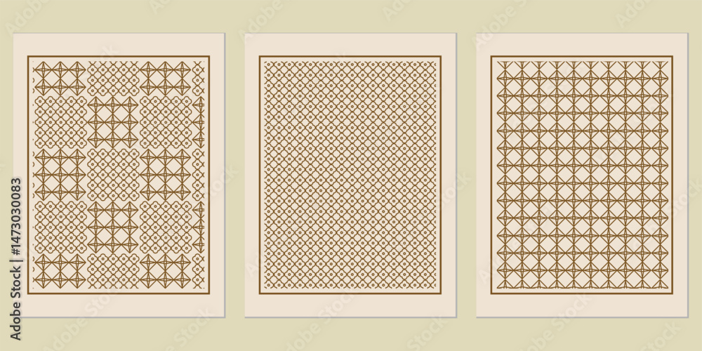 Poster elegant geometric triptych in muted tones displaying intricate tessellated patterns evoking vintage 