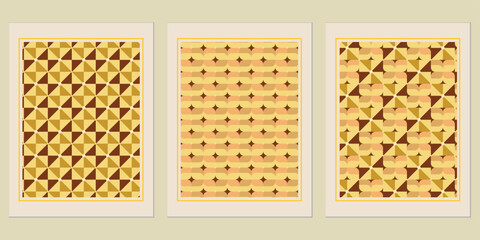 Geometric Harmony: A Triptych of Retro-Inspired Patterns Evoking Nostalgia and Artistic Sophistication for Interior Decor