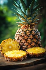 Close-up of a ripe pineapple with vibrant green leaves and three thick juicy slices arranged on a wooden surface with a blurred natural background