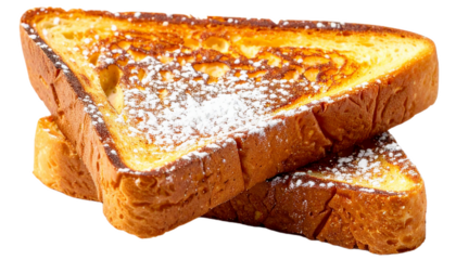 Two french toast with powdered sugar stacked irregularly isolated on white background. Suitable for marketing or business purposes. PNG file