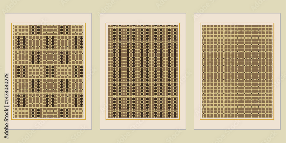 Poster arrangement of three framed graphic illustrations with repeated geometric patterns offering an aesth