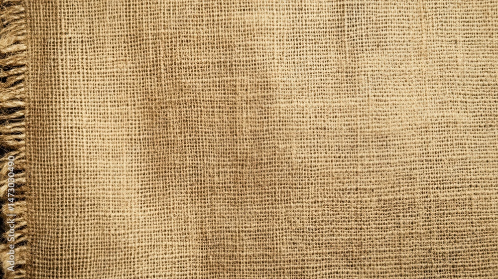 Poster close up of a burlap sack texture showing the weave and frayed edge for use as a background image. o