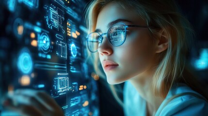 Young woman wearing glasses analyzing futuristic digital interface with glowing blue data and graphics in a dark tech environment