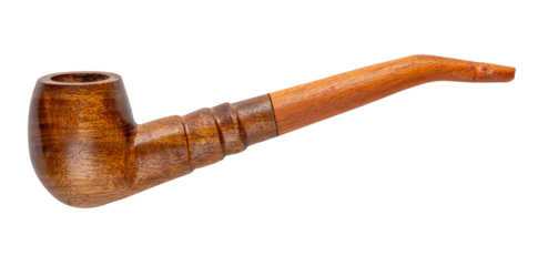 Smoking wooden tobacco pipe isolated on white background.