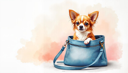Chihuahua dog peeking out of blue handbag
