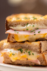 Grilled Turkey & Cheese Sandwich.
Golden toasted sandwich with layers of turkey and melted cheese, topped with herbs, served with a pickle and sweet dipping sauce.