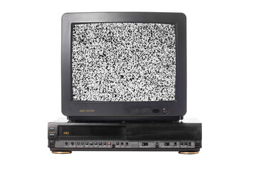 Old vintage TV set televisor isolated on white background with no signal television grainy noise...