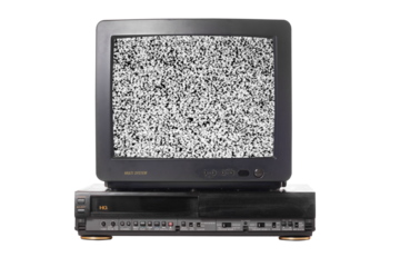 Old vintage TV set televisor isolated on white background with no signal television grainy noise effect on the screen and video recorder.