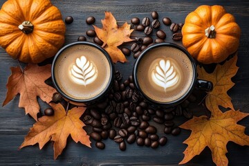 Two cups of coffee with leaf latte art surrounded by coffee beans, orange maple leaves, and small pumpkins on a dark wooden surface evoking cozy autumn vibes