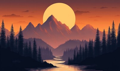 Serene landscape of a calm river flowing through dense pine forest with tall mountain peaks under a large golden sun during sunset with orange sky