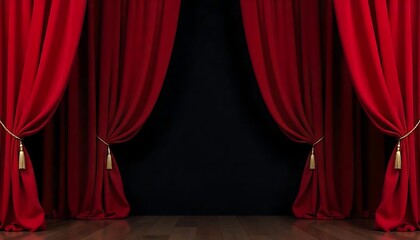 Red Curtain Opened , red curtains hanging black background are arranged Vintage and gold created with generative ai