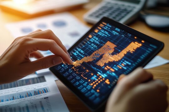 Close-up of a person analyzing financial data and charts on a tablet with a rising trend graph and printed reports on the desk, focused and analytical mood