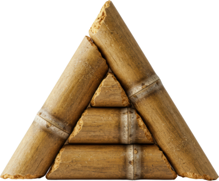Triangular Stack of Rustic Brown Bamboo Poles Cracked and Weathered Texture Isolated on Black