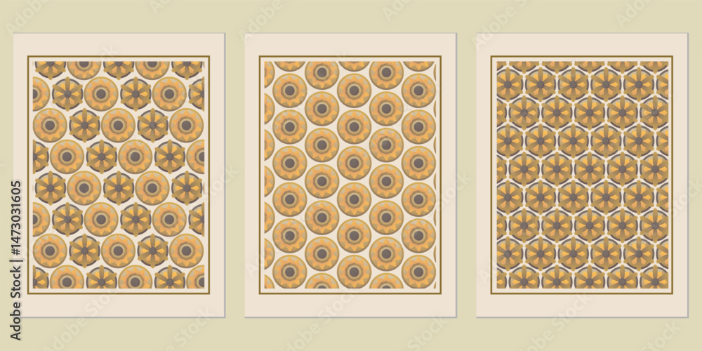 Poster aesthetic triptych of geometric patterns with circles and star shapes on a muted beige background in