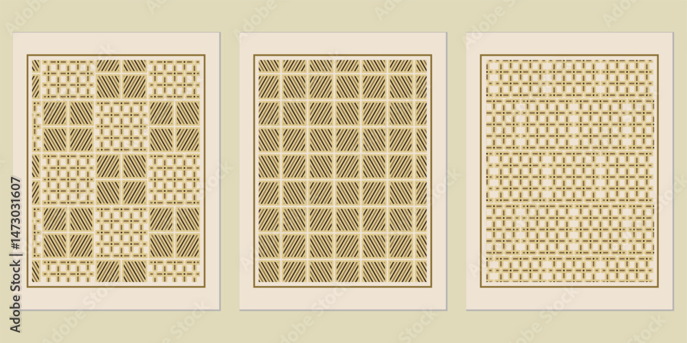 Poster abstract trio artwork with geometric block patterns and linear elements, framed in muted tones, idea