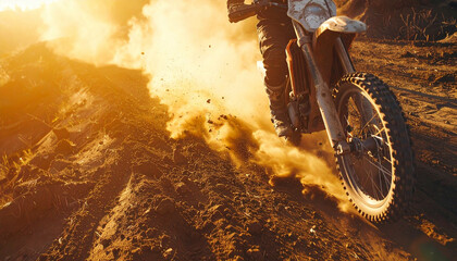 Rider flies on a dirt bike over sandy terrain in golden sunlight