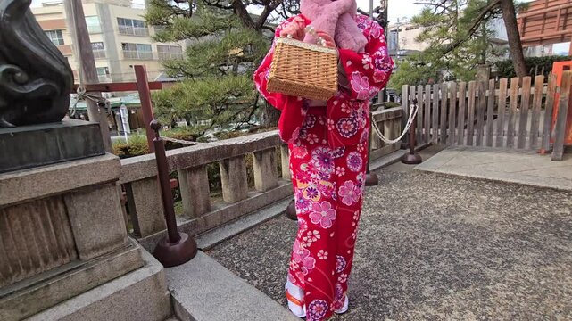 A pretty girl in a kimono. Kimono is the traditional dress worn popular in Japan. American girl posing in kimono outdoors. 