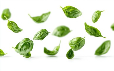 Fresh green basil leaves floating against a clean white background, creating a sense of lightness and freshness
