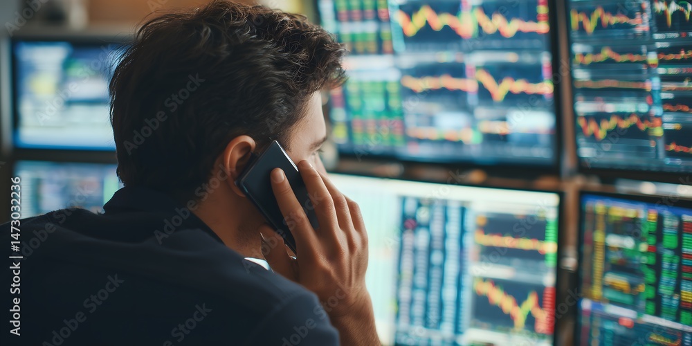 Poster financial analyst: a focused analyst engrossed in a phone conversation, surrounded by dynamic stock 