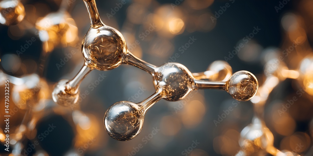 Poster atom structure in close-up: a detailed macro shot reveals a golden atom model, its intricate structu