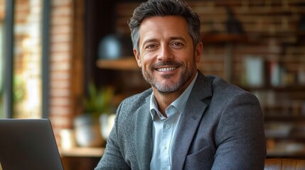 Obraz premium Confident middle-aged man with gray hair and beard smiling warmly while sitting at desk with laptop in cozy, modern office setting with brick walls and plants