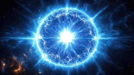 Bright blue glowing circular energy field emitting electric sparks in a dark space background filled with stars and cosmic dust