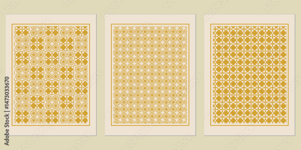 Poster elegant trio of symmetrical golden patterns framed on muted beige, evoking a sense of understated re