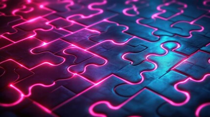 Close-up of a dark puzzle with glowing neon edges in pink and blue creating a futuristic and vibrant atmosphere