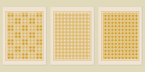 Elegant trio of symmetrical golden patterns framed on muted beige, evoking a sense of understated refinement and timeless sophistication within minimalist design