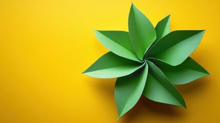 Top view of an abstract green paper flower with large petals on a vibrant yellow background, creating a modern and fresh visual contrast