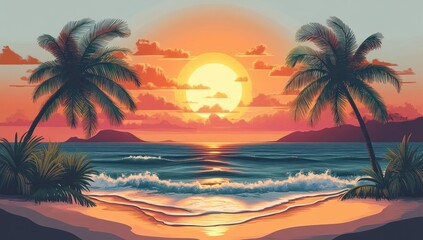 Obraz premium Vibrant tropical beach sunset with palm trees framing the calm ocean waves under an orange sky with scattered clouds and distant islands