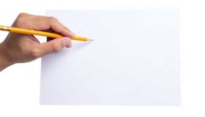 Hand Holding Yellow Pencil Ready to Write on Blank White Paper