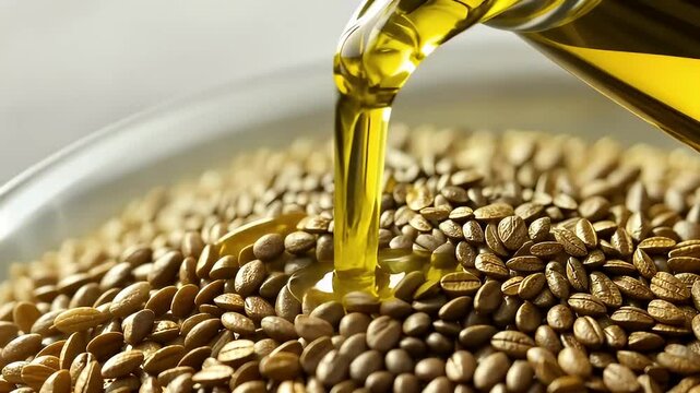 Golden Oil Pouring onto Brown Seeds in a Glass Bowl creating a Dripping Effect with a Neutral Background