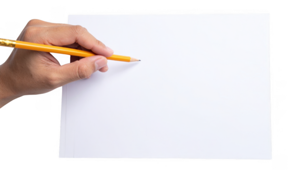 Hand Holding Yellow Pencil Ready to Write on Blank White Paper