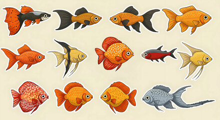 Tropical Fish Cartoon . guppy, platys, gold fish, angel fish, neon tetra, discus