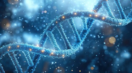 Close-up detailed visualization of a glowing blue DNA double helix strand with particles floating around in a luminous, scientific environment