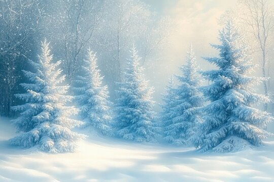 Serene winter landscape with snow-covered pine trees and gentle sunlight creating a peaceful and calm atmosphere
