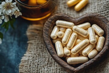 Heart-shaped wooden bowl filled with beige capsules next to a small amber bottle and white flowers on a rustic fabric surface evoking natural health and care