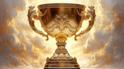 ornate golden trophy with intricate baroque detailing against a glowing cloudy sky background symbolizing victory and achievement