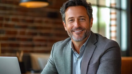 Smiling middle-aged man with gray hair and beard wearing a gray blazer sitting indoors near a laptop with warm brick wall background