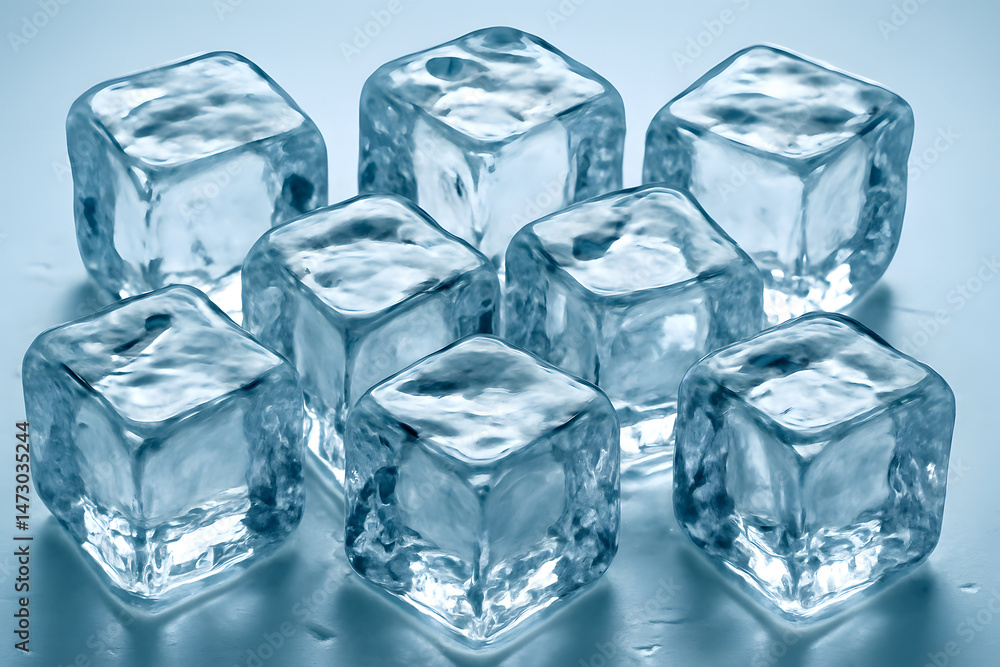 Poster close-up of multiple clear ice cubes with detailed texture arranged on a light surface with cool lig