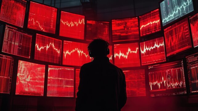 Person wearing headphones observing multiple red computer screens displaying fluctuating stock market or financial graphs in a dark room suggesting intense focus