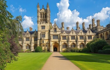 Fototapeta premium Historic stone university building with gothic architectural features under a bright blue sky with white clouds and a well-maintained green lawn pathway leading to an arched entrance