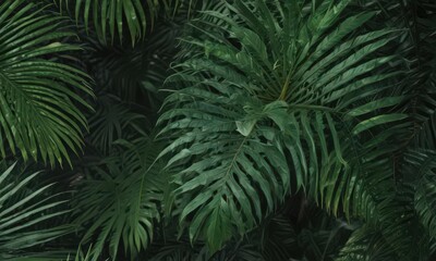 Fototapeta premium Intricate palm leaf details, rich emerald hues, tropical vibe , tropical plant, closeup, element
