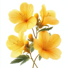 Fototapeta premium Close-up of delicate bright yellow flowers with multiple petals and detailed stamens on green stems with leaves