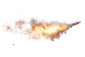 Rocket launch with fire and thick smoke trail, isolated on a transparent background