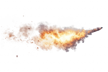 Rocket launch with fire and thick smoke trail, isolated on a transparent background