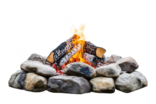 Realistic campfire with burning logs and stone ring on a transparent background